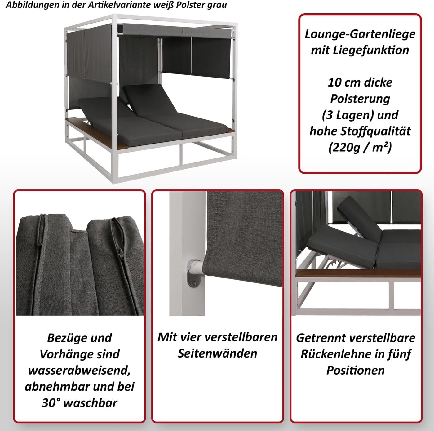 Mendler Aluminium Lounge-Gartenliege HWC-M63b, XL Sonnenliege Daybed, 10cm-Polster 200cm - weiß Polster grau