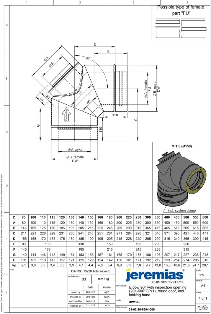 Jeremias DW-FU 150mm 90° Winkel mit Revisionsöffnung Edelstahl Abgassystem für Festbrennstoffe 201-600°C N1