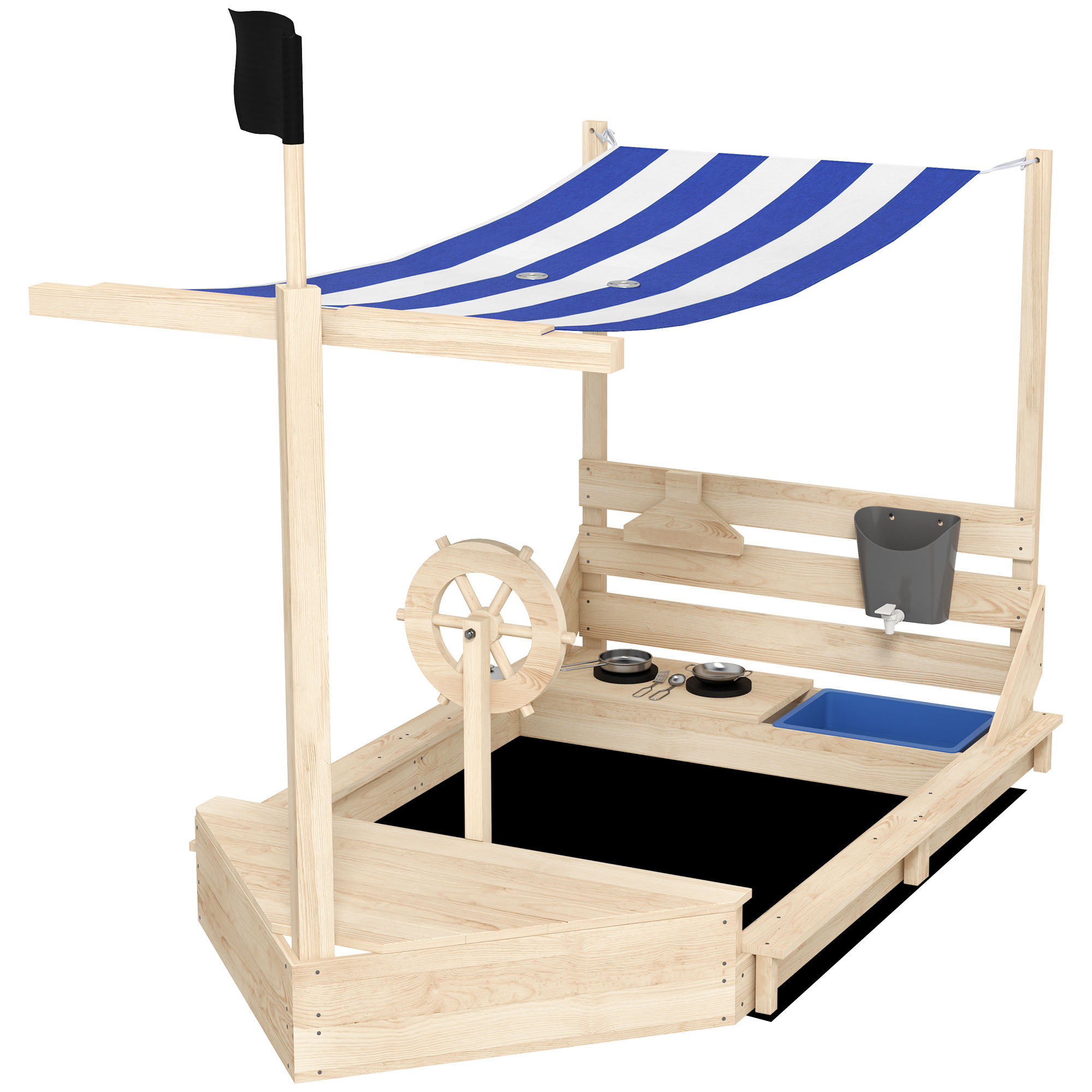 Zandbak, piratenschip ontwerp, met speelkeukenset, zonnescherm, natuurlijk hout, 180 x 103 x 144,5 cm