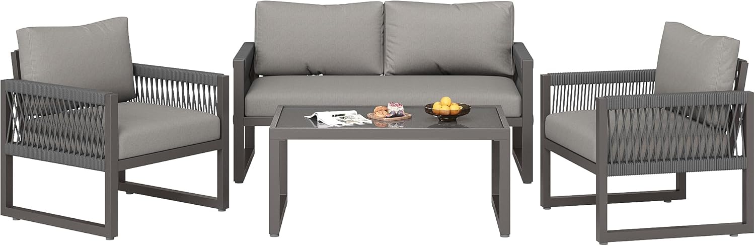 Merax Garten-Lounge-Set 4 Sitz – Seilgeflecht Sitzgruppe mit verzinktem Eisenrahmen, wetterfest, Loungesessel mit Sitz- & Rückenkissen, verstellbaren Füßen, Couchtisch mit Glasplatte, Grau