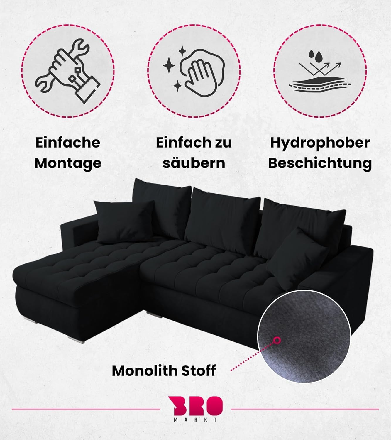 BROMARKT Sofa mit Schlaffunktion Ecksofa L-Form Schlafsofa Couch Bettkasten Wohnzimmer Möbel LUIS Couch 3 Sitzer Bett mit Bezugbehalter 238x150x72 Graphite