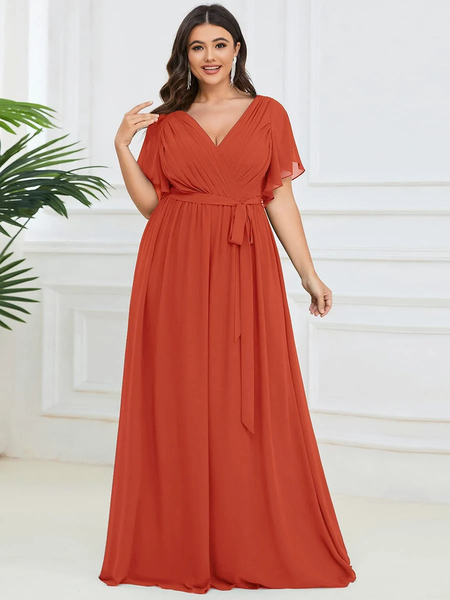 Abendkleid Damen Maxi A-Linie aus Chiffon | Festliches Kleid f��r Hochzeitsg?ste mit V-Ausschnitt und Fl��gel?rmeln