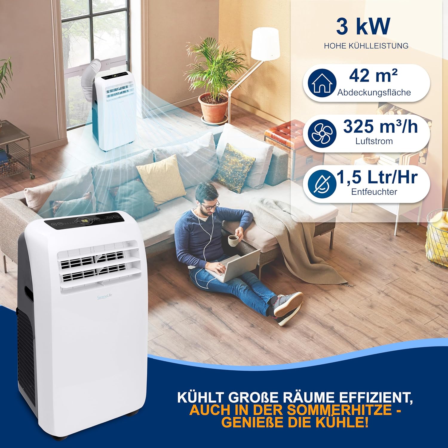 SereneLife Mini Klimaanlage mobil, 3-in-1 mobiles Klimagerät mit Abluftschlauch – Luftkühler, Luftentfeuchter & Ventilator, Air conditioner – 9.000 BTU, 1,5L Feuchtigkeit/Stunde, kühlt Räume bis 42 m2