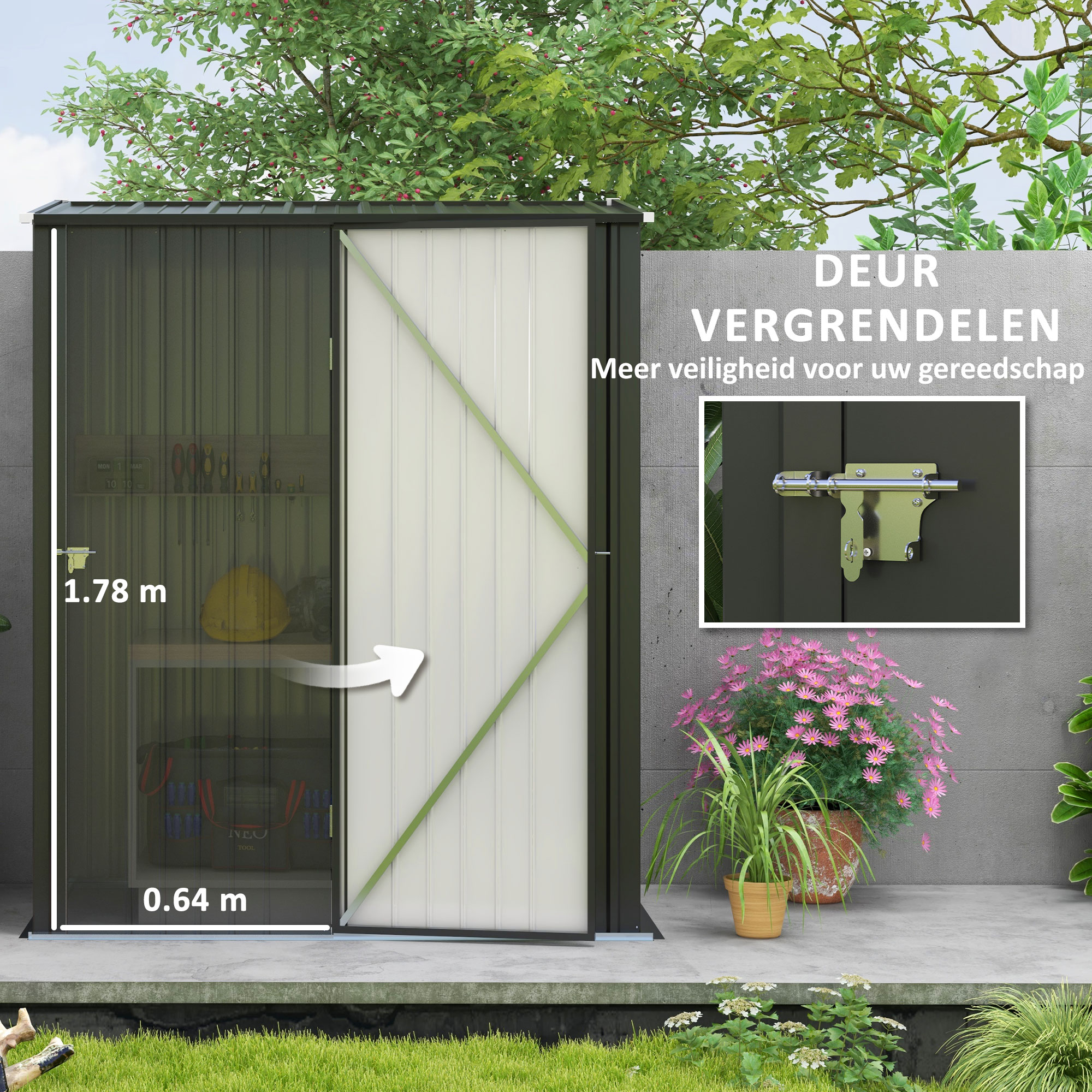 Outsunny Tuinschuur Gereedschapsschuur, afsluitbare deur, weerbestendig, incl. schappen, 161,5 cm x 94,5 cm x 196 cm, Zwart