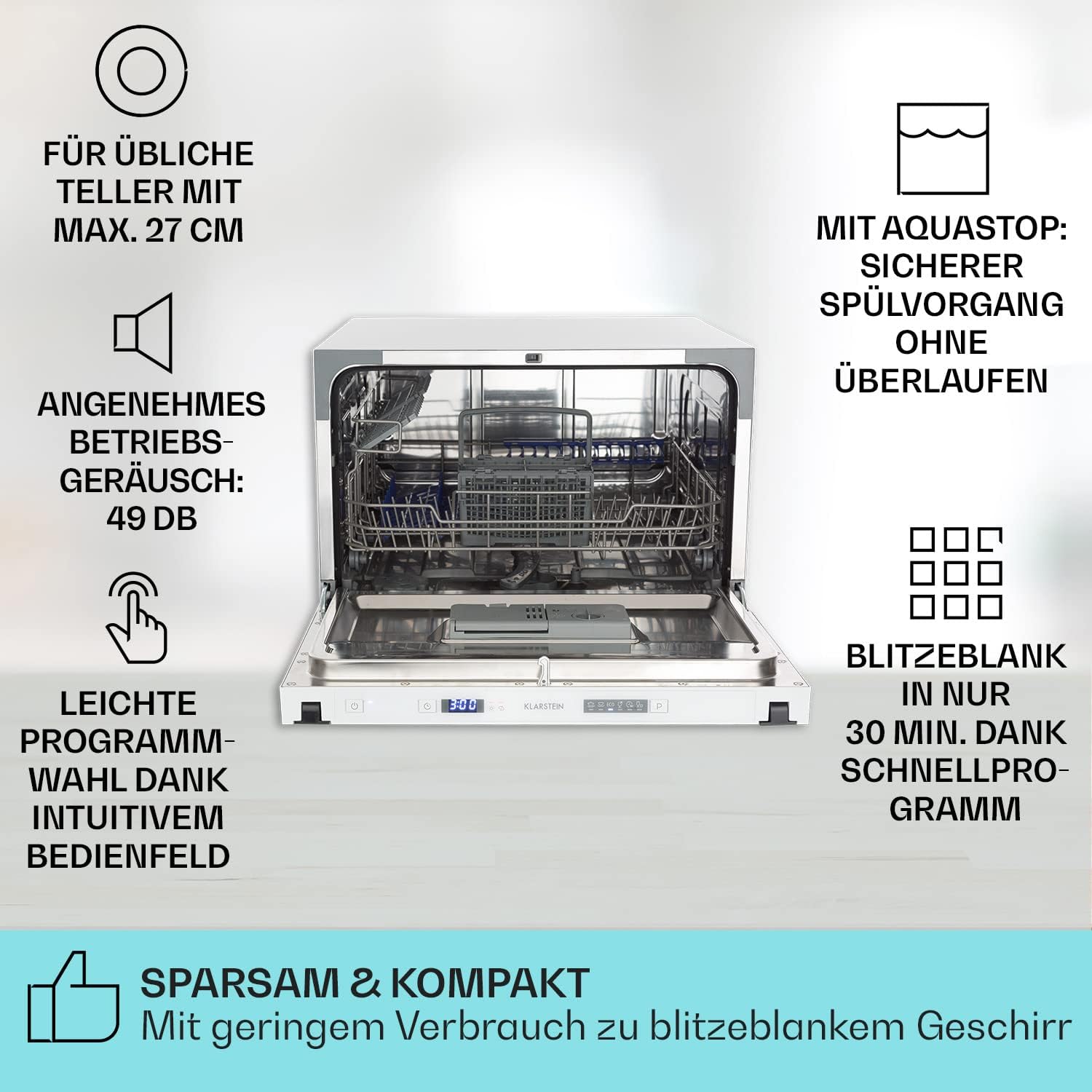 Klarstein  ia 8 - Spülmaschine, Geschirrspüler, Freistehend, Teilintegriert, F, 55 cm breit, 8 Maßgedecke, 6 Programme, Aquastop, silber