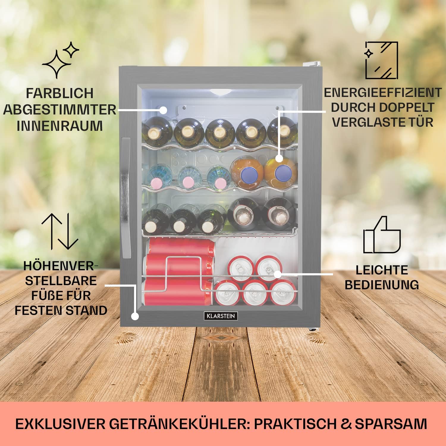 Klarstein Mini Kühlschrank mit Glastür, Mini, für Zimmer, Getränkekühlschrank Klein mit Verstellbaren Ablagen, mit Wellenform-Racks, 60 Liter Kühlschrank Leise