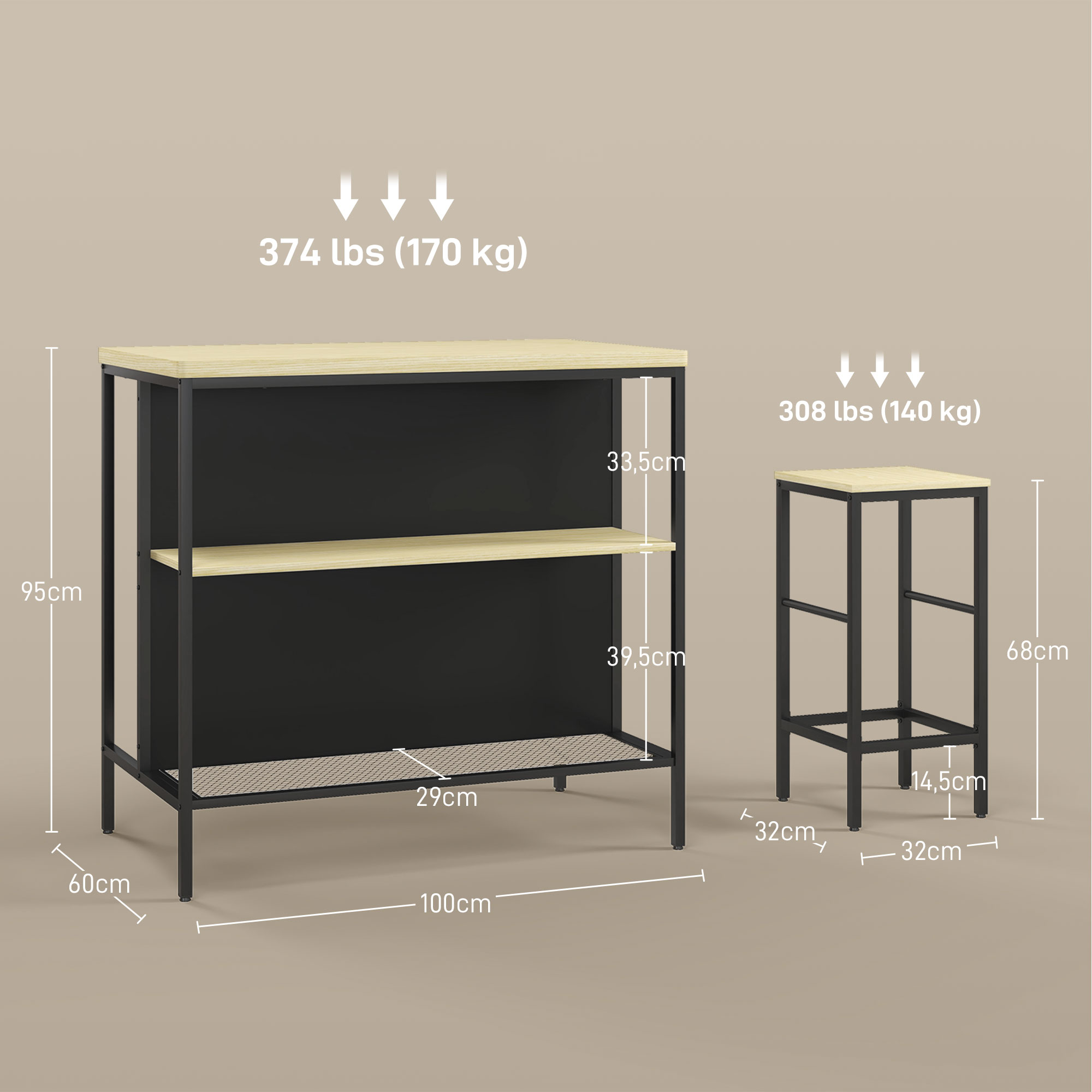 Barset, 2 Barkrukken & 1 Bartafel, vlekbestendig, stabiel, Staalframe, Zwart/Eik