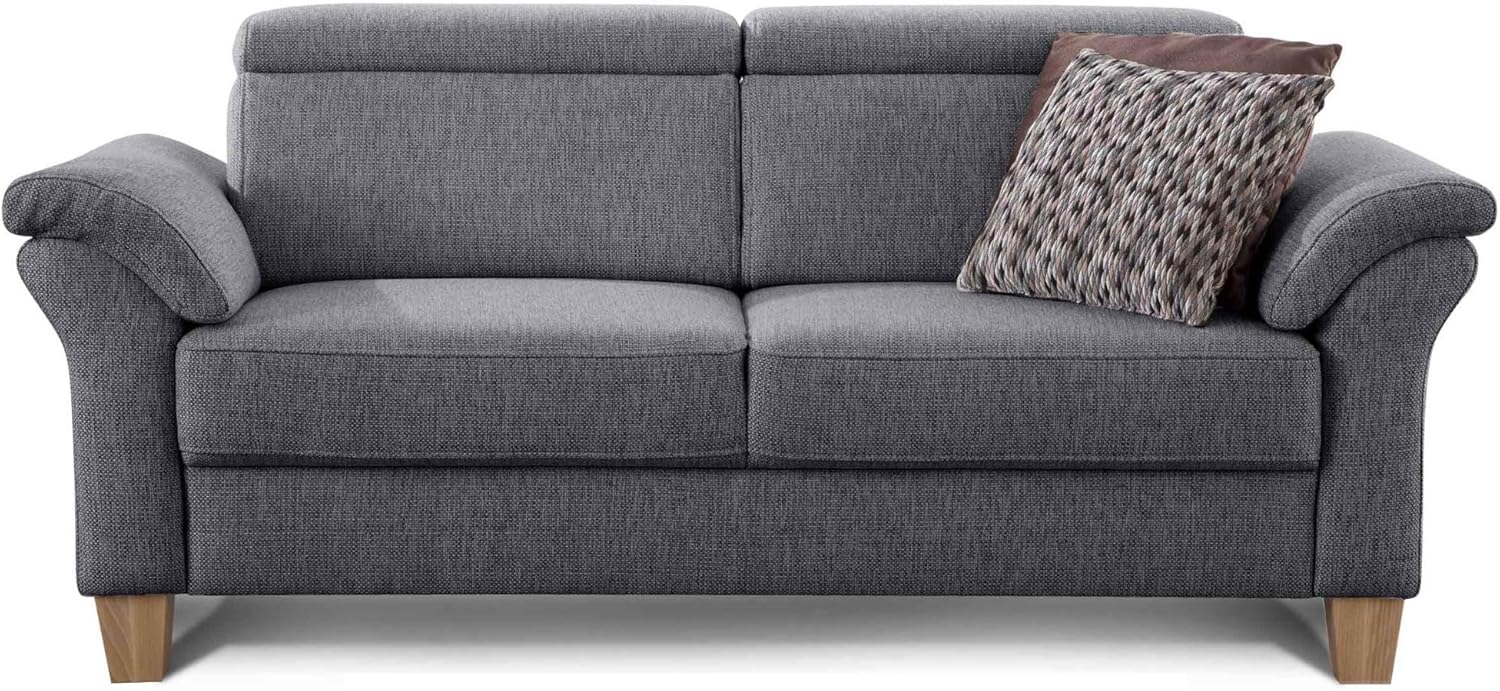 Cavadore 3-Sitzer Sofa Ammerland / Couch mit Federkern im Landhausstil / Inkl. verstellbaren Kopfstützen / 186 x 84 x 93 / Strukturstoff grau