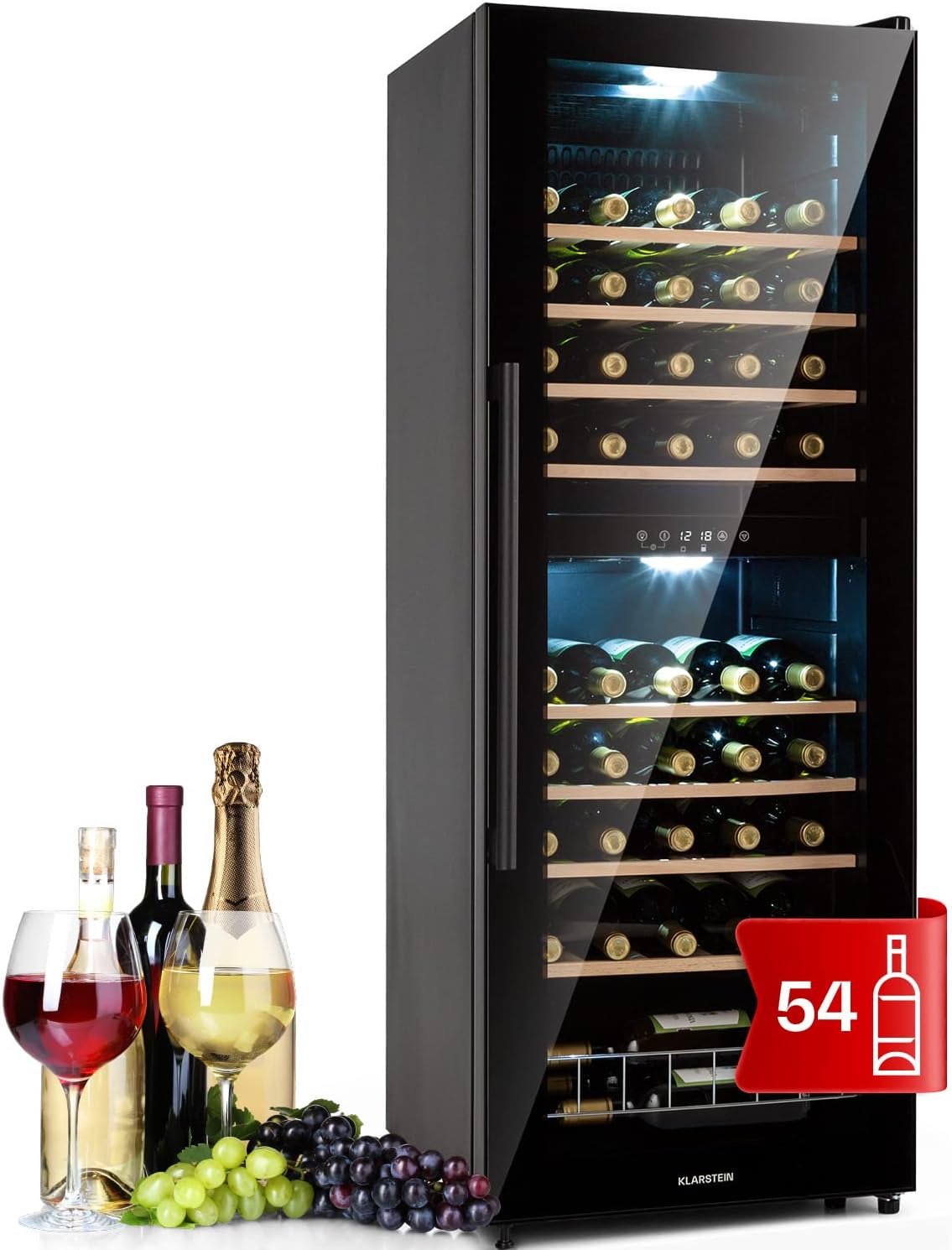 Klarstein Cave a Vin, Réfrigérateur à Vin sur Pieds avec Porte en Verre, Cave à de Vieillissement, Prosecco, Bière, Ecran Tactile, Réfrigérateur Bar, Frigo, Protection UV, 5-18°C, 77 Bouteilles