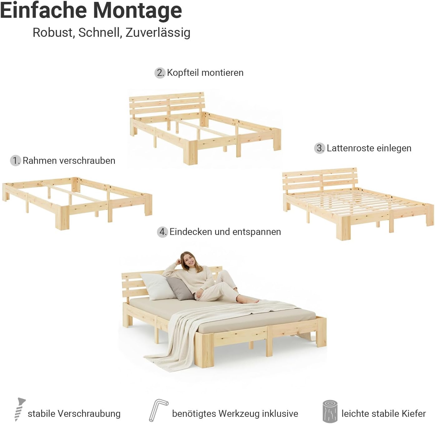 Homestyle4u Bett 180x200 mit Lattenrost Holzbett Massivholz Kiefer Doppelbett Schlafzimmer