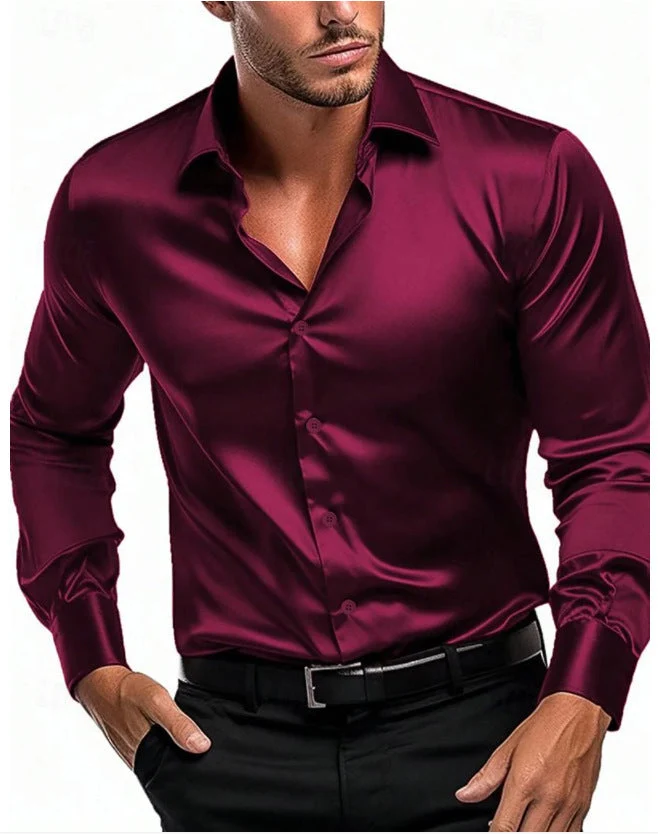 Slim Fit Herrenhemd aus gl?nzendem Satin | Langarm Businesshemd mit klassischem Kragen f��r festliche Anl?sse und B��ro