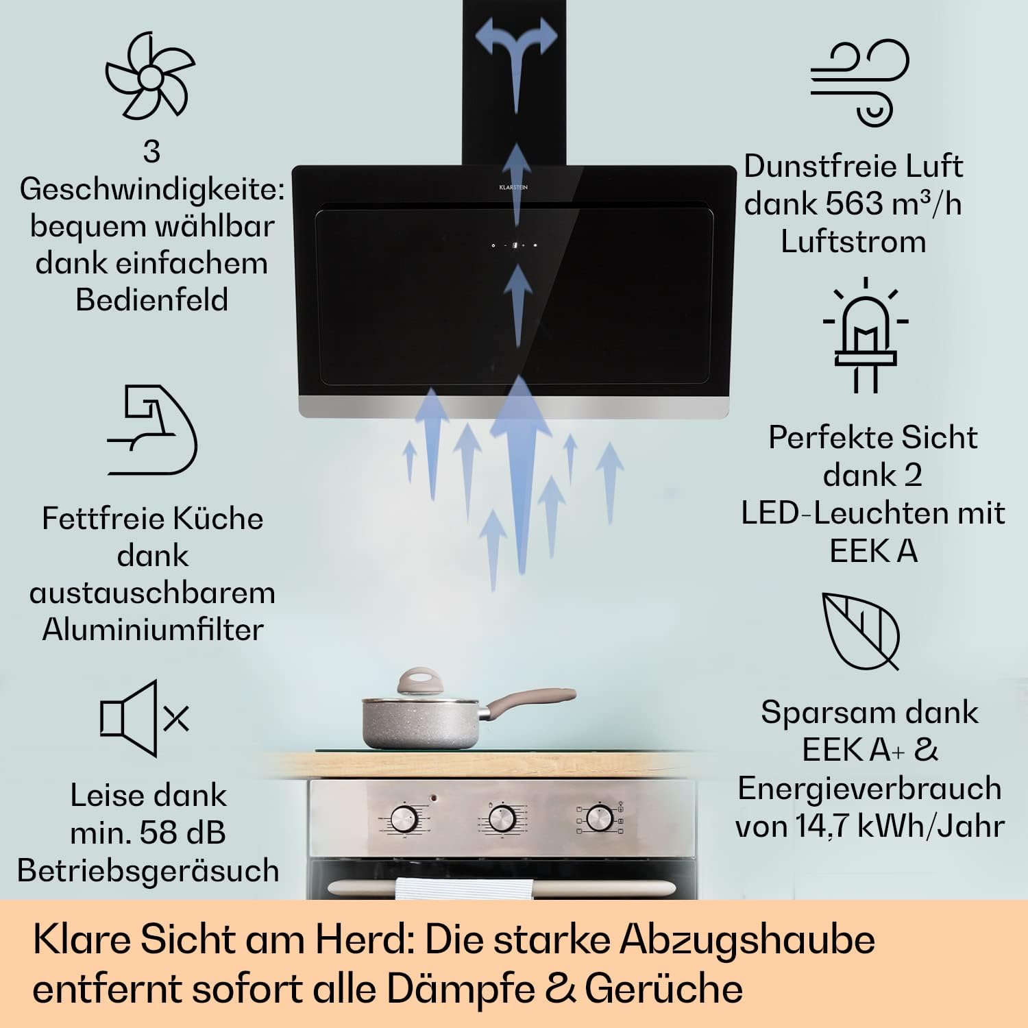 Klarstein Dunstabzugshaube 90cm, Abluft-Dunstabzugshaube, Abzugshaube mit Kohlektiv-Filter, Dunstabzug mit 563m³/h Luftstrom, Wandhauben für Küche mit RGB-LEDs, Leise Dunstabzugshauben 90 cm