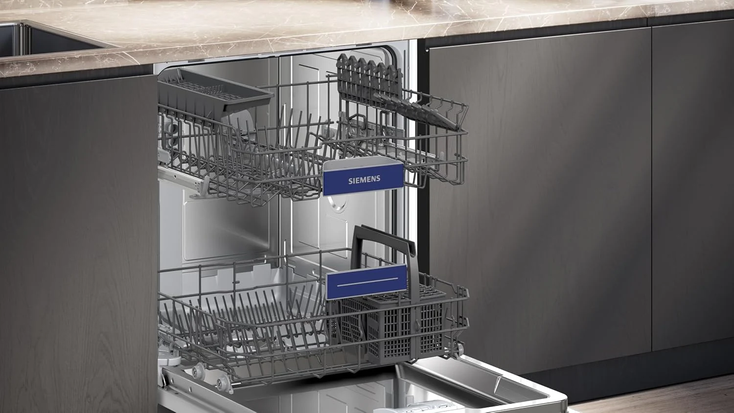 Siemens SN63EX06VE, iQ300 Smarter Geschirrspüler, Vollintegrierte Spülmaschine, 60 cm, Besteckschublade, Extra leise, varioSpeed, Automatische Türöffnung, Dreifach rackMatic, infoLight, intesiveZone