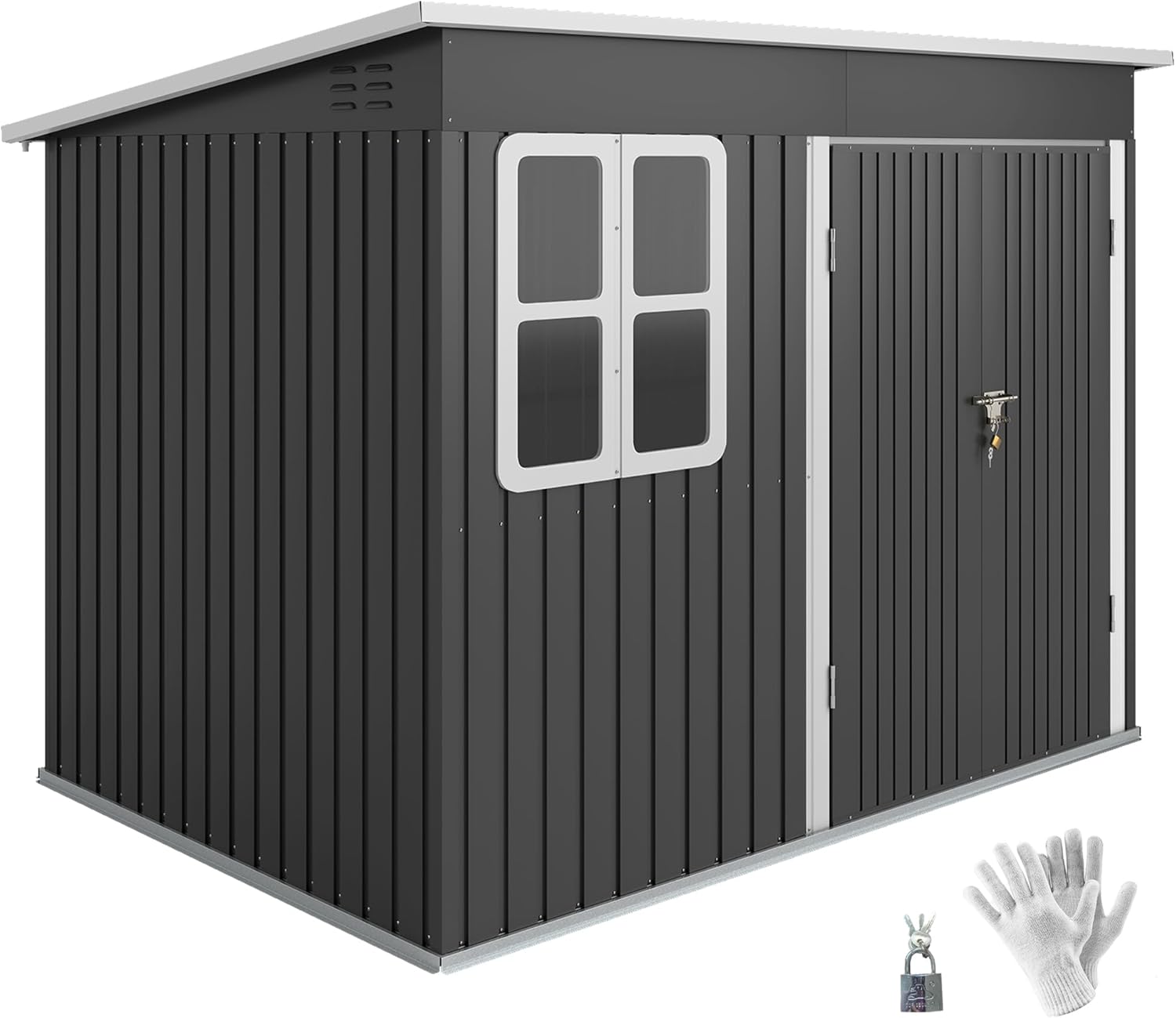 Outsunny Metall Gerätehaus 4,13 m² 260 x 177 x 190 cm Geräteschuppen mit Fenster Pultdach Abschließbarer Tür wetterfest Gartenhaus Outdoor Garten Schuppen Schrank für Hinterhof Außenbereich Dunkelgrau