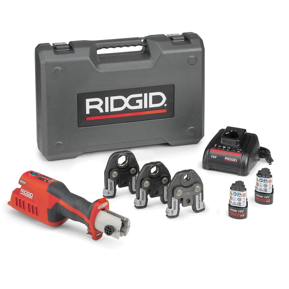 RP 241 Compact Inline Press Tool Kit Includes 3 ProPress Jaws (1/2 in., 3/4 in., 1 in.), 2-12V Batteries, Charger + Case 57373