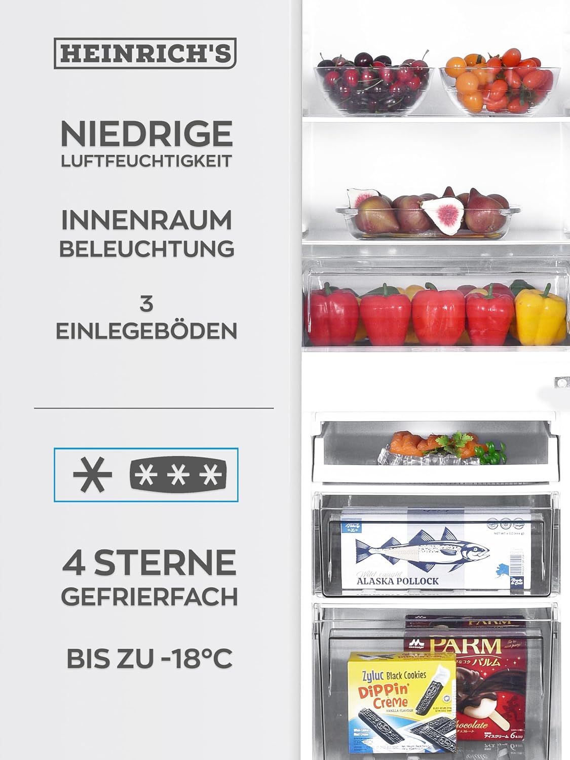 Heinrich´s Kühlgefrierkombination 173L Gesamtvolumen, 121L Kühlvolumen, 52L Gefriervolumen, LED Beleuchtung,Türanschlag wechselbar, leise 40dB, große Tiefkühlboxen, 7Temperaturstufen,(weiß)