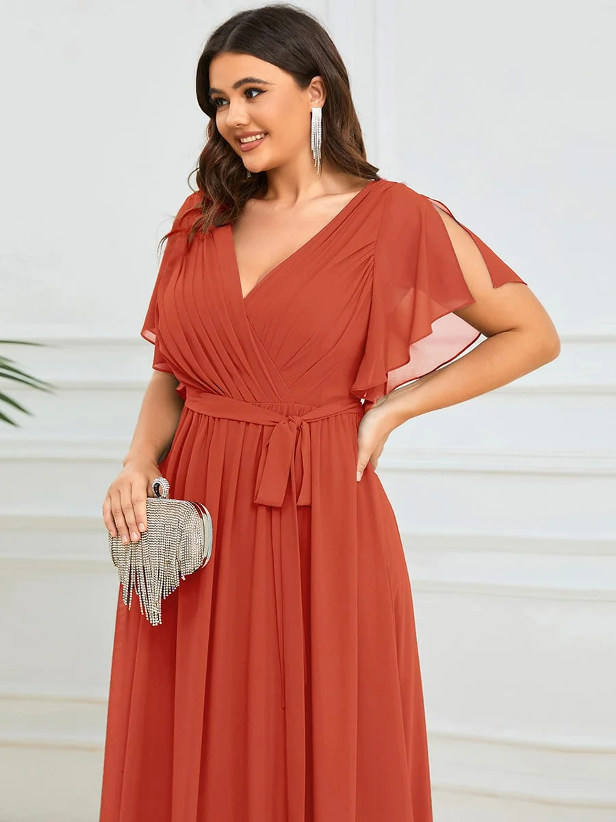 Abendkleid Damen Maxi A-Linie aus Chiffon | Festliches Kleid f��r Hochzeitsg?ste mit V-Ausschnitt und Fl��gel?rmeln