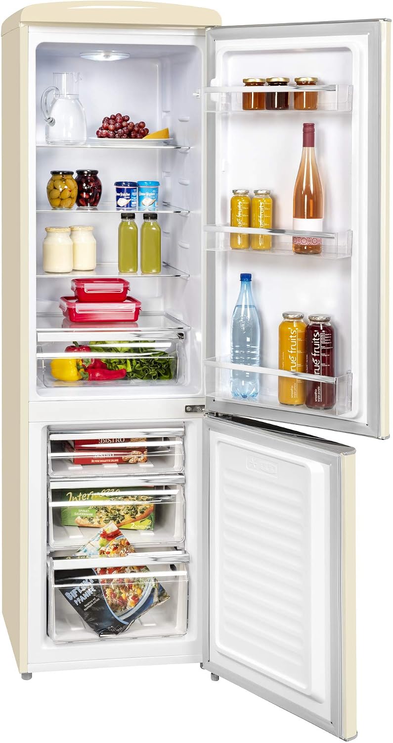 Exquisit Retro Kühlschrank RKGC250-70-H-160E Magnolienweiß - Kühl-Gefrierkombination 244 L, freistehend, LED-Licht, Glasablagen, Chromgriff