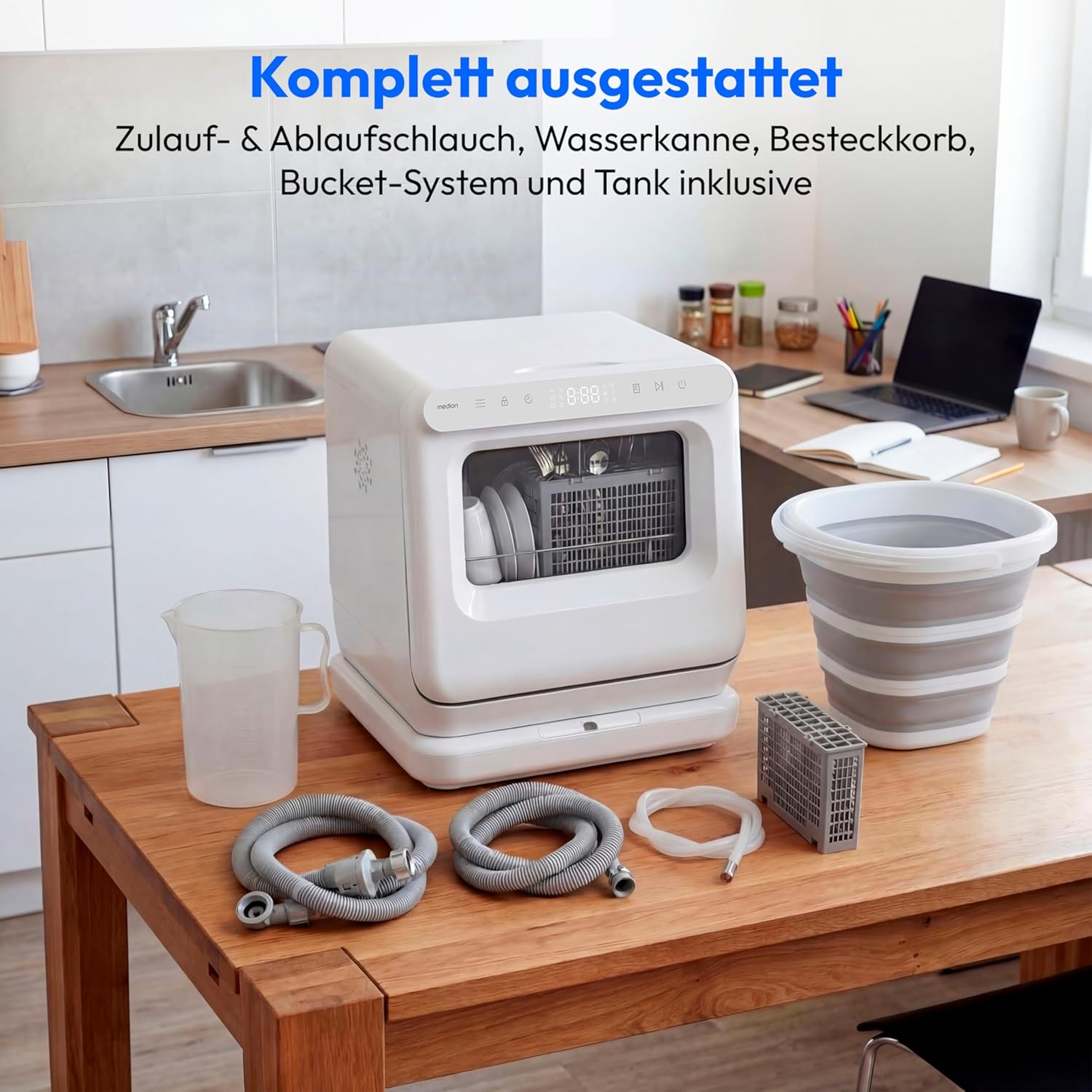 MEDION Mini Geschirrspüler DWT30, 3 Maßgedecke, Tischgeschirrspüler, funktioniert mit/ohne Wasseranschluss, 6 Programme, UV-Licht, Lüfter-Trocknung, Touch-Display, freistehend, MD370022