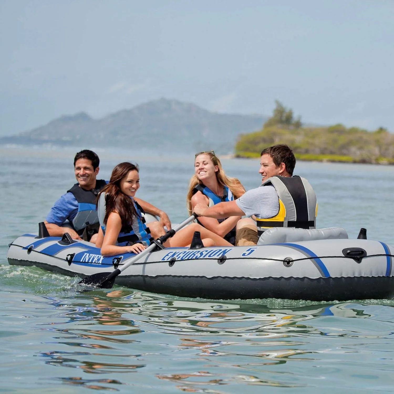 INTEX Excursion Inflatable Boat Series: Includes Deluxe 54in Boat Oars and High-Output Pump ?C SuperTough PVC ?C Adjustable Seats with Backrest ?C Fishing Rod Holders ?C Welded Oar Locks