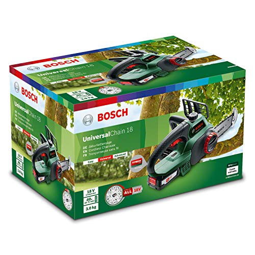 Bosch Motosega Elettrosega UniversalChain 18 (batteria da 2.5 Ah, caricabatteria, sistema SDS, lunghezza barra: 200 mm, sistema da 18 V, confezione in cartone) : Amazon.it: Fai da te
