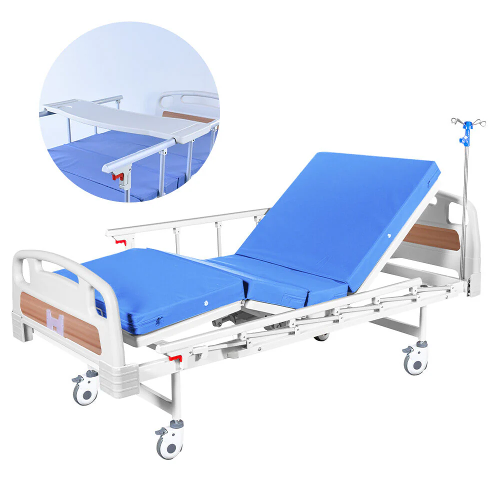 EQUIPMED Medical Bed, w/ Mattress & Over Bed Table, Easy Manual Back and Leg Incline Adjustable, IV Pole, Home Aged Care or ICU Hospital