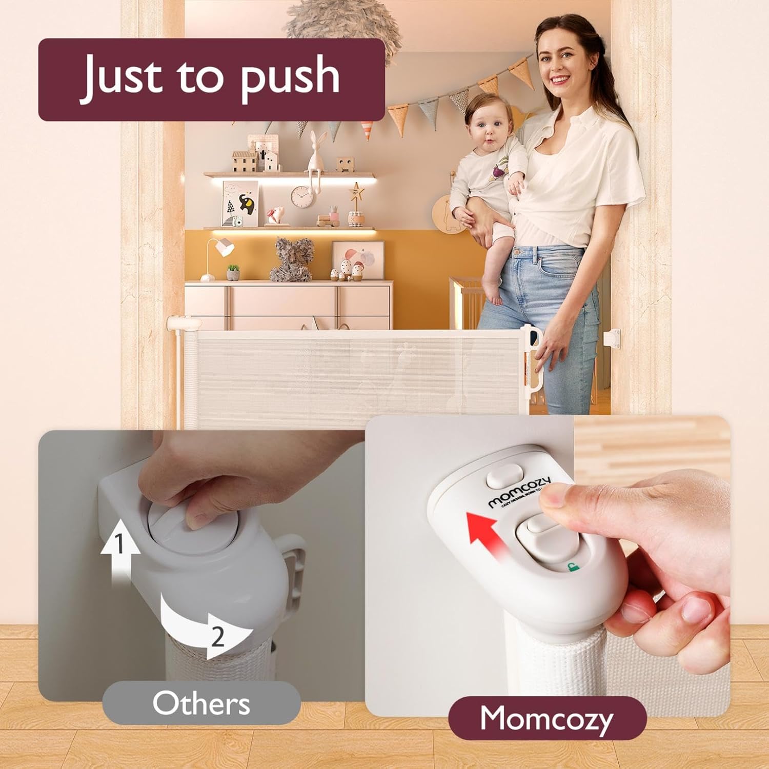 Momcozy Treppenschutzgitter Ausziehbare für Babys (Aktualisiert), 0-140 cm, 83 cm Hoch Baby Absperrgitter Treppenschutzrollo, Einhndig Bedienbar, Geeignet für Treppen/Türen/Innen & Auen, Grau