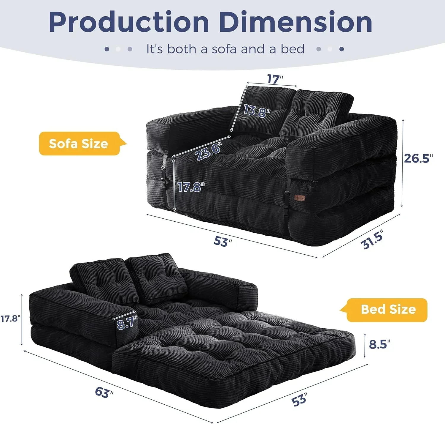 Folding Sofa Bed L-Shaped Convertible Sofa Bed with Armrests and Pillows