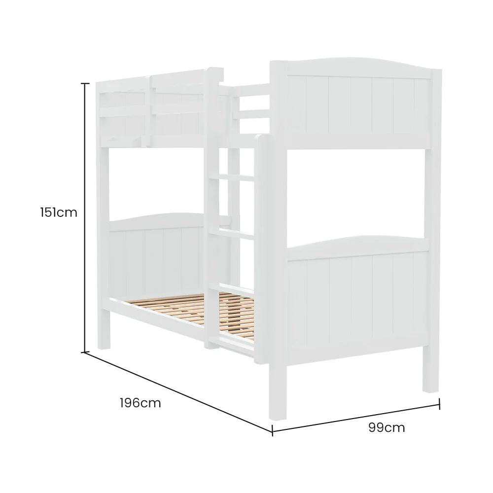Kingston Slumber Single Bunk Bed Frame Solid Pine Wood Timber, Modular Design, White