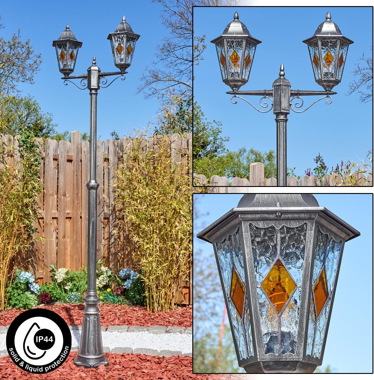 HOFSTEIN Kandelaber Lignac, Außenwegeleuchte aus Metall/Glas in Schwarz/Silber/Klar/Orange, Wegebeleuchtung 220 cm, 2 x E27, IP44, Wegeleuchte im Vintage-Design für Garten, Außenbereich, Hof