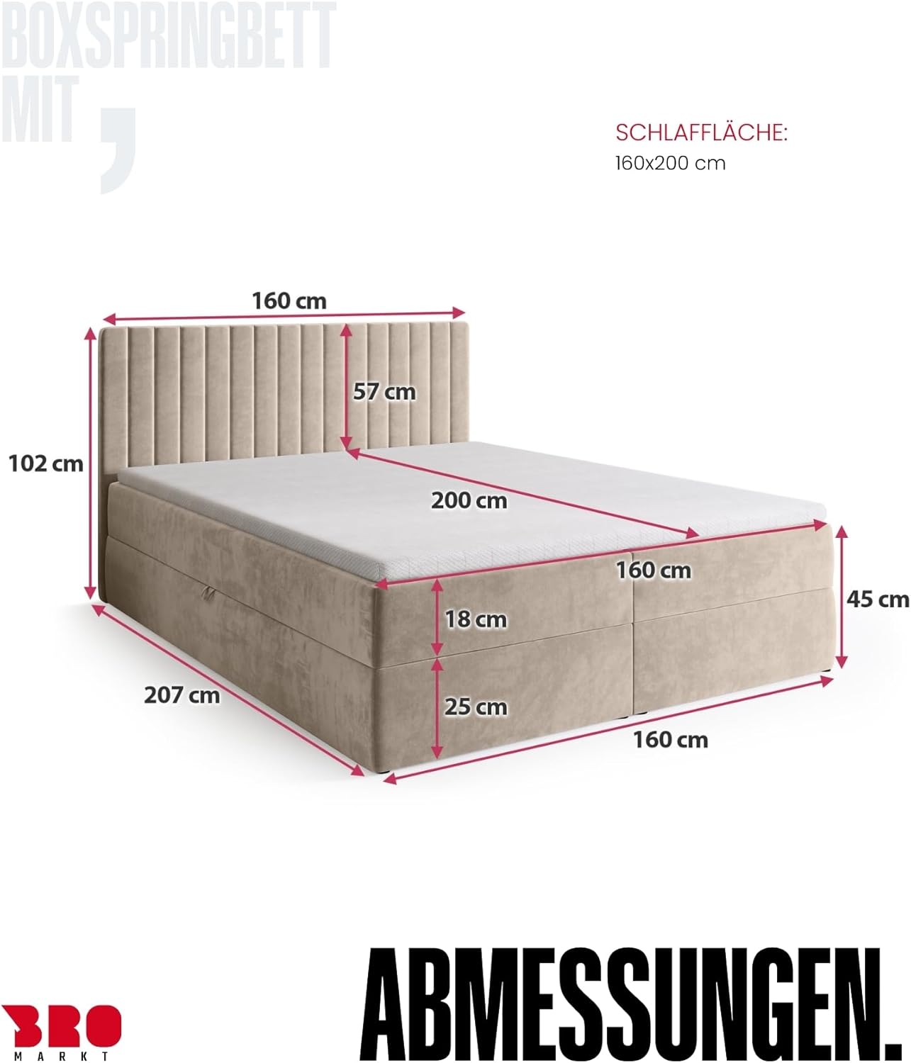 BROMARKT Boxspringbett mit Bettkasten Polsterbett mit Bonell-Matratze und Topper Doppelbett mit Stauraum Bett für Schlafzimmer gepolstertes Kopfteil Dream 160x200 Härtegrad H3 Samtstoff Beige