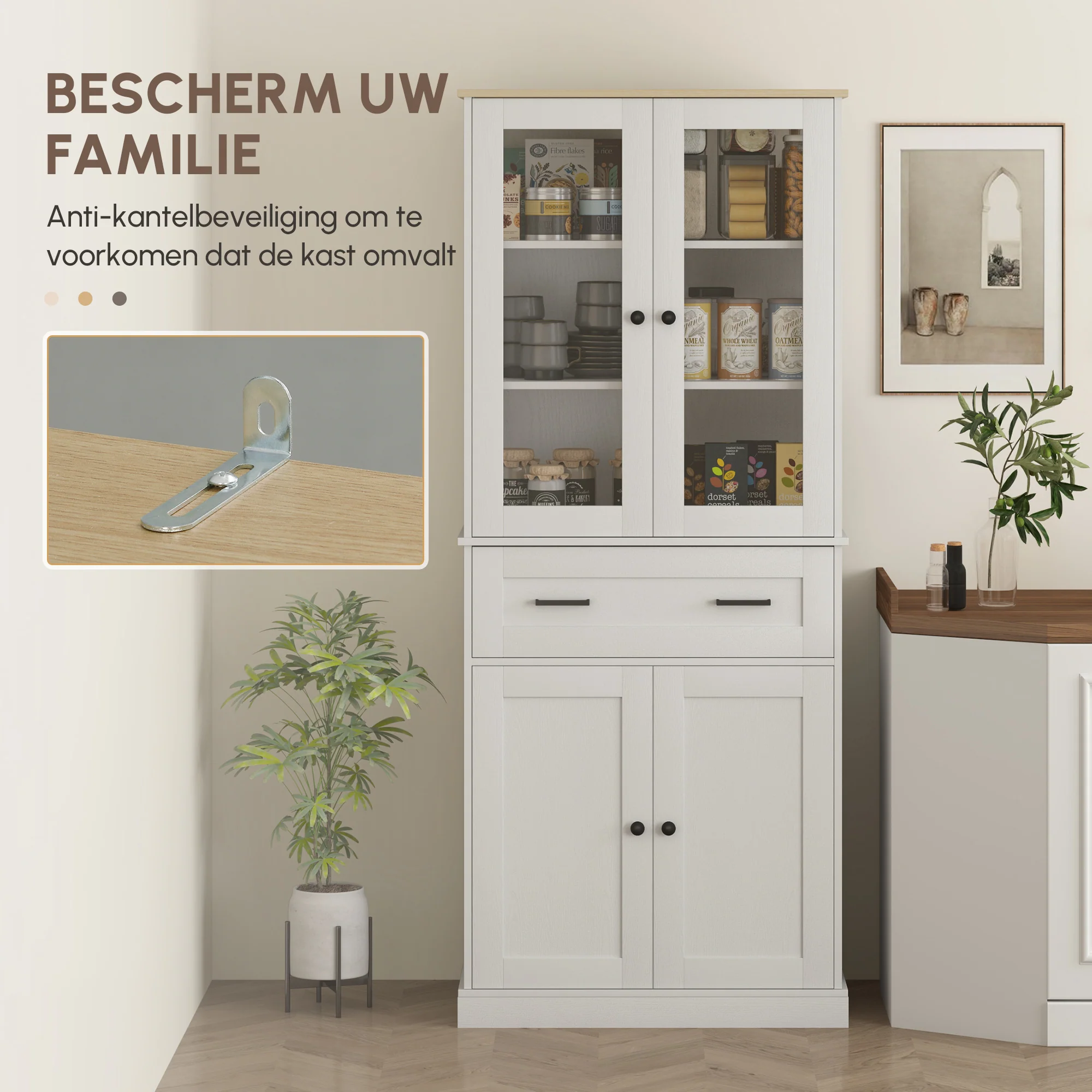 HOMCOM Keukenkast, Buffet, Acrylfront, Lades, 76 x 40 x 182,5 cm, Crèmewit