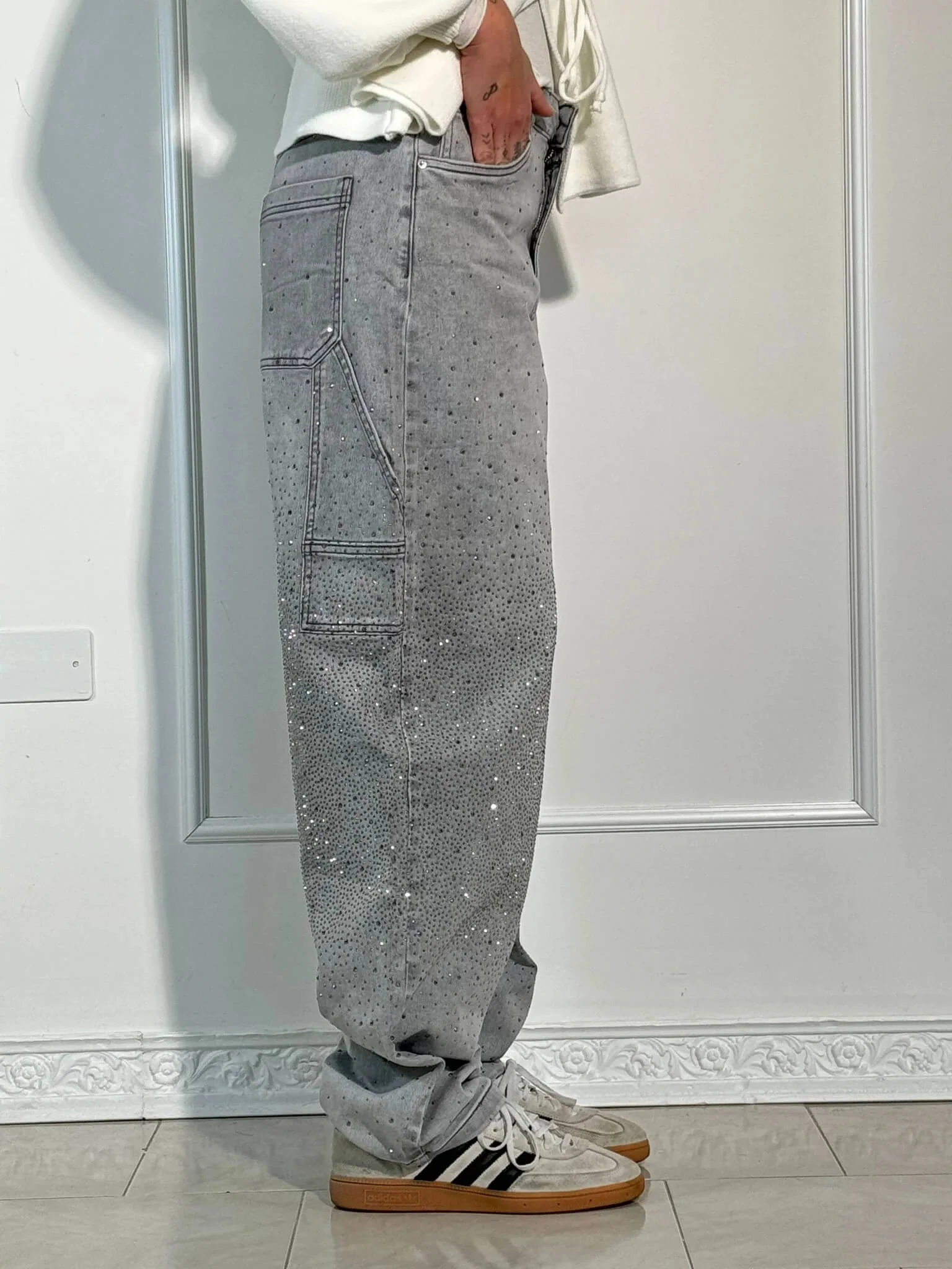 Damen Baggy Jeans mit Glitzer-Applikationen | Weite Wide Leg Denim Hose im Balloon-Schnitt | Bequeme Damenjeans aus Baumwolle