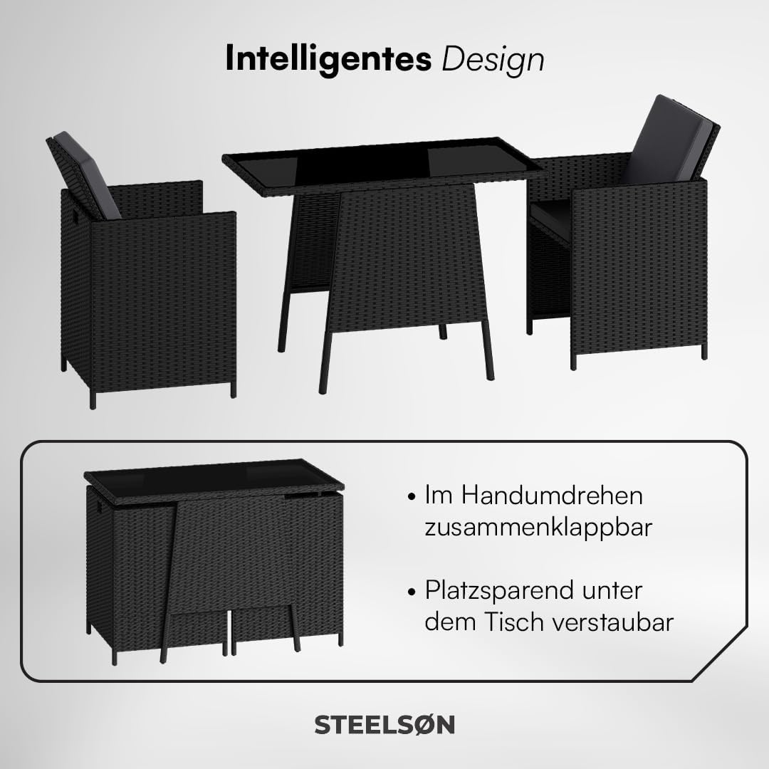 STEELSØN 3-TLG Garten-Essgruppe Xenara, Esstisch mit 2 Stühlen, Gartenmöbel Sitzgruppe Polyrattan mit Kissen, Gartenlounge, Balkomöbel Set, schwarz