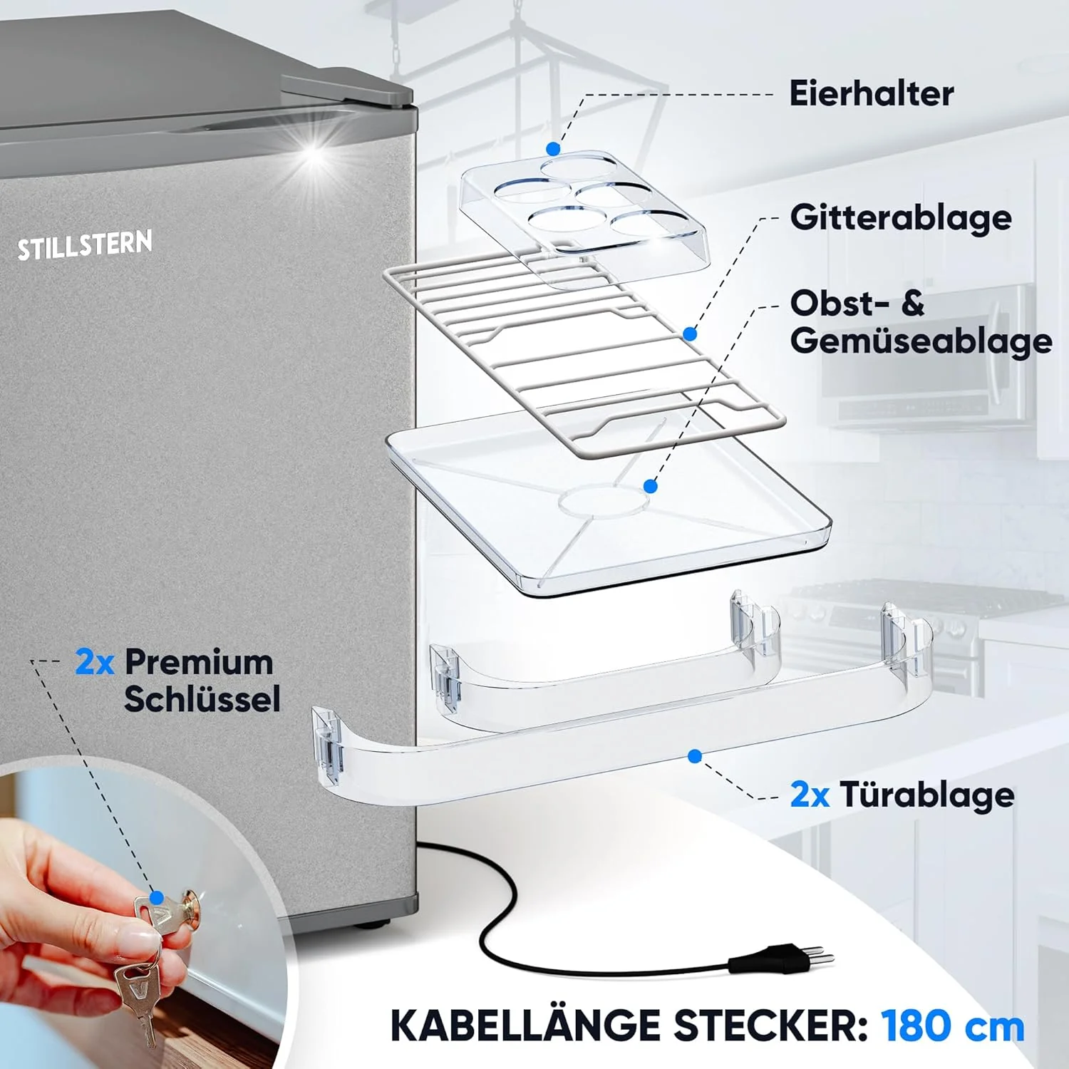 Stillstern minikoelkast E 45L met automatische ontdooiing, slot, vriesvak, stil, ideaal voor keuken, kantoor, slaapkamer, hotels en kleine appartementen, kleine koelkast, minibar, drankenkoelkast