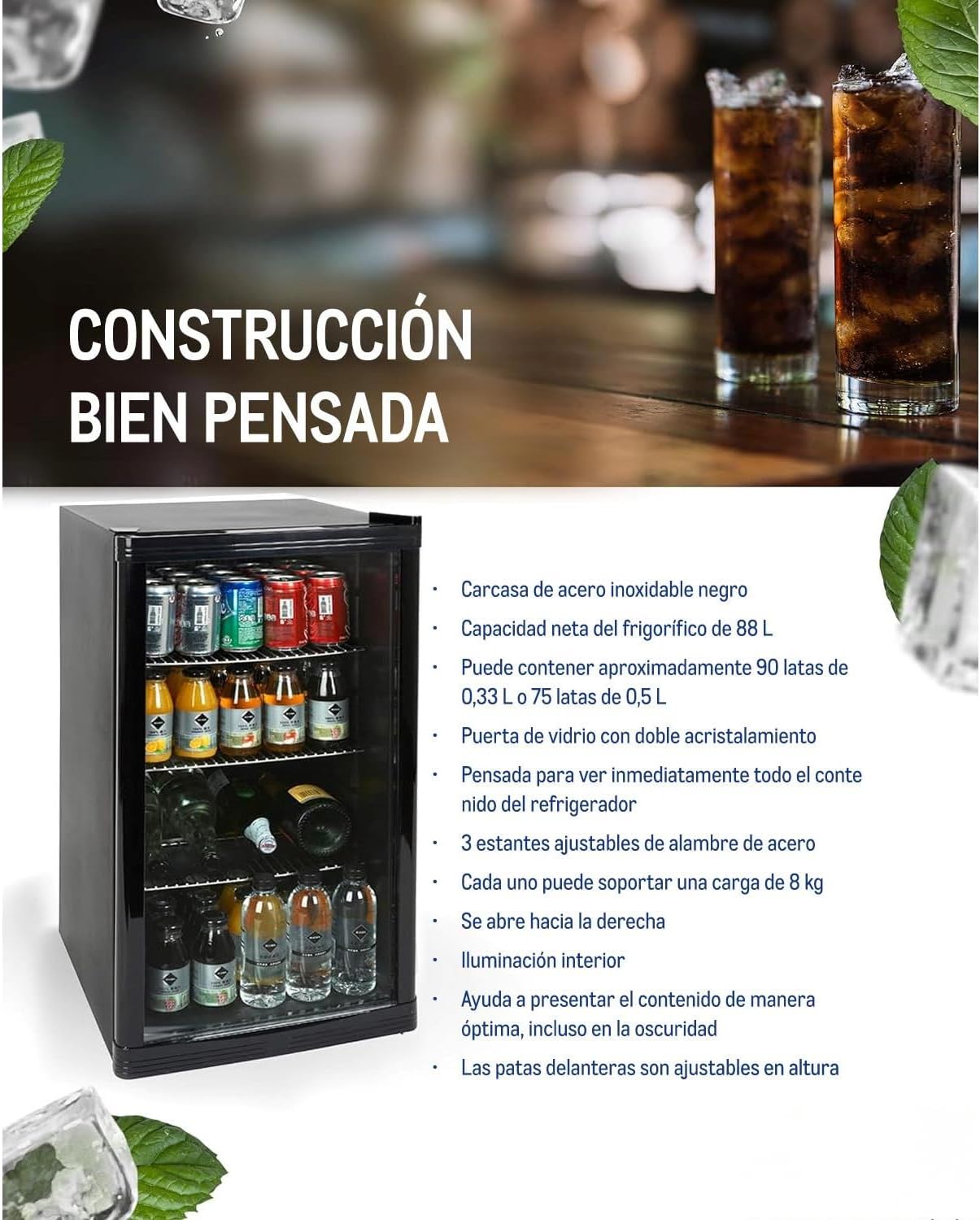 METRO Professional GPC 1088 Mini Fridge with Glass Door, 88 L, Black, 1052 kWh/24h, with Adjustable Shelf for Gastronomy, Restaurant, Shops