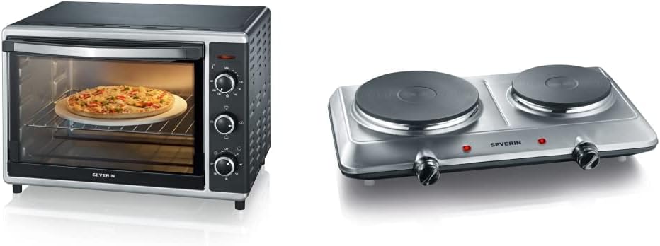 SEVERIN Back- und Toastofen mit Umluftfunktion, Mini Backofen mit Grillrost, Backblech, Drehspie und Pizzastein, vielseitiger Heiluftofen mit 42 L Kapazitt, 1.800 W, schwarz, TO 2058