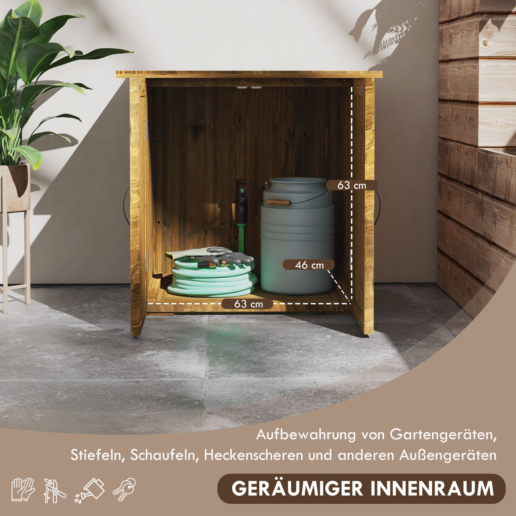 Tuinhuisje met dubbele deuren, magneetsluitingen, weerbestendig, natuurlijk hout, 77B x 55D x 72H cm, bruin