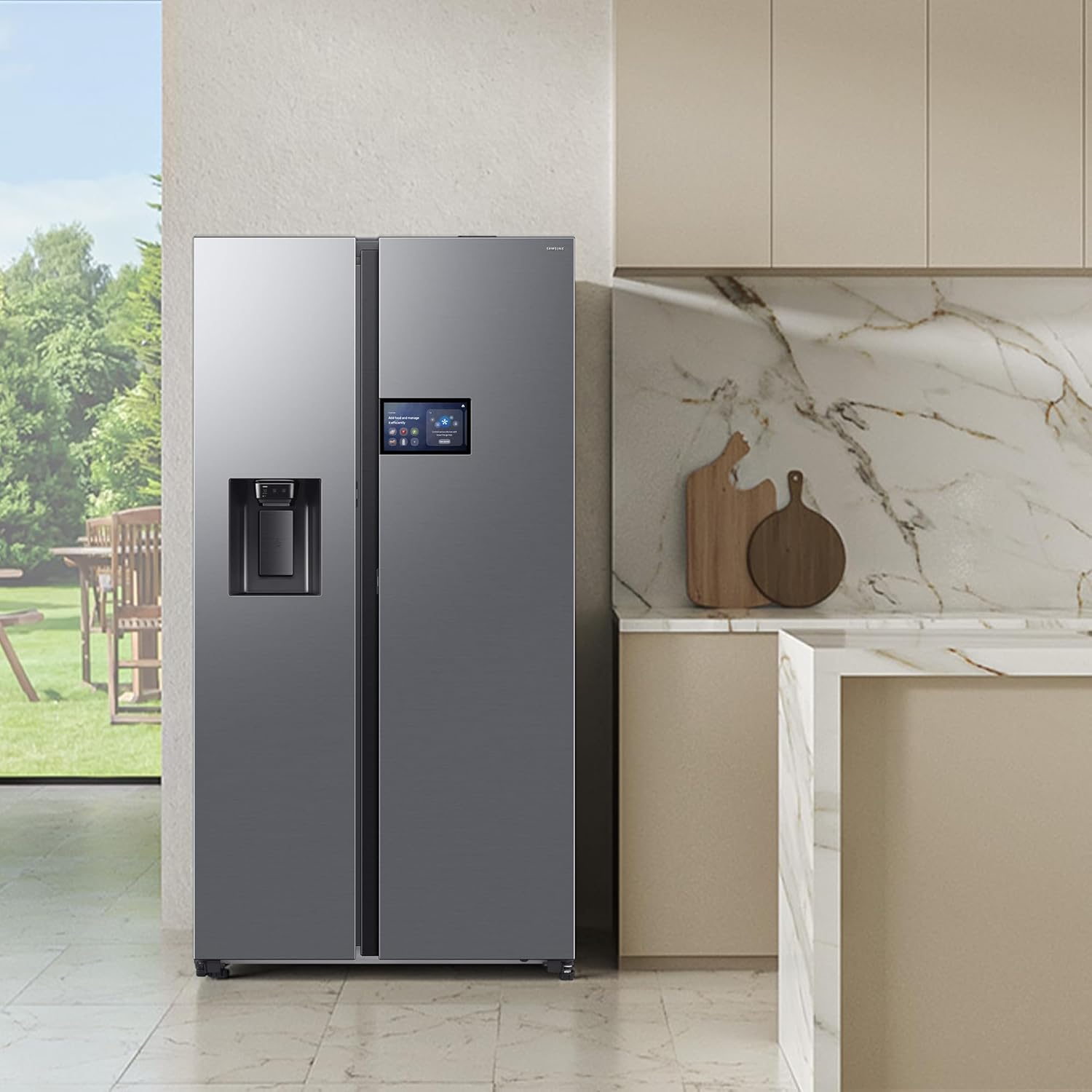 RS90F65EDTEF Side-by-Side Kühl-Gefrierkombination, AI Kühlschrank mit Gefrierfach, 178 cm, 621 l, Eis-/Wasserspender mit Wassertank, AI Home, Voice Control, Edelstahl Look