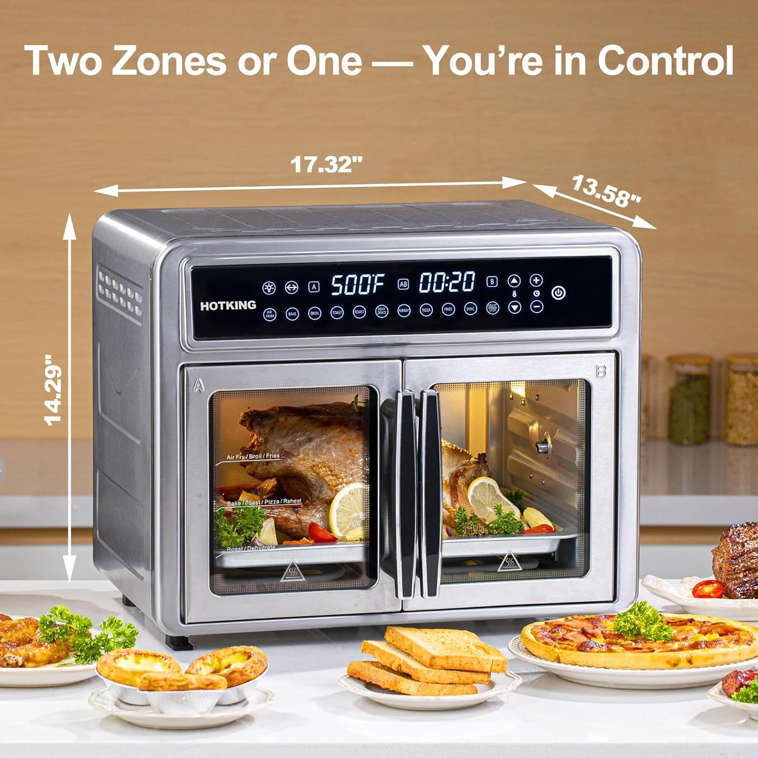 HotKing Dual-Zone Air Fryer Toaster Oven Combo, 28 QT Extra Large, Non Toxic Stainless Steel
