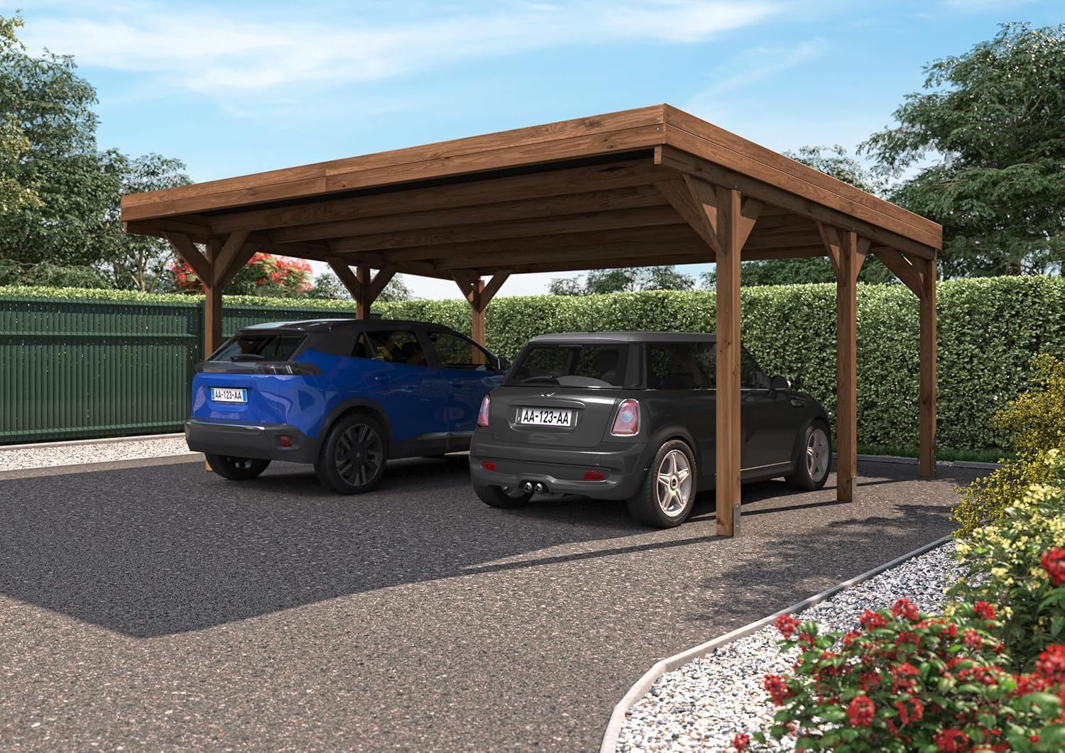 Forest Style Double Victor Carport 31 m² (6.05 x 5.12 x 2.54 m) – Treated Pine Wood – Polycarbonate Roof – Covered Parking for 2 Cars – Robust and Sturdy Structure