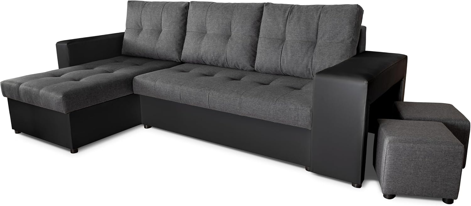NAWSTOL - Sofa narożna Leon z funkcją spania i skrzynią na pościel – nowoczesna sofa do salonu – możliwość montażu z lewej lub prawej strony (szara + biała sztuczna skóra)
