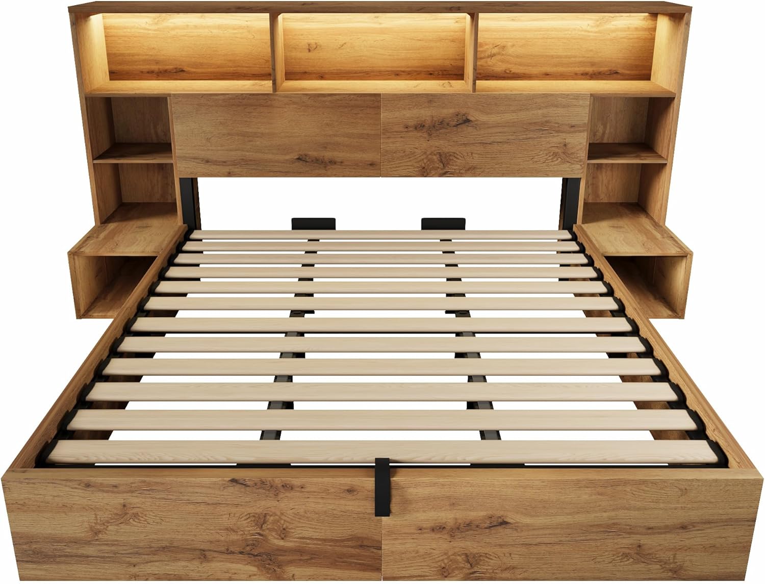 ANIROY Doppelbett Holzbett 180x200cm, Hydraulisches Stauraumbett mit Kopfteil, Stauraum-Kopfteil mit LED & USB-C-Anschluss, Systembett Bettgestell mit Lattenrost, ohne Matratze, Eiche
