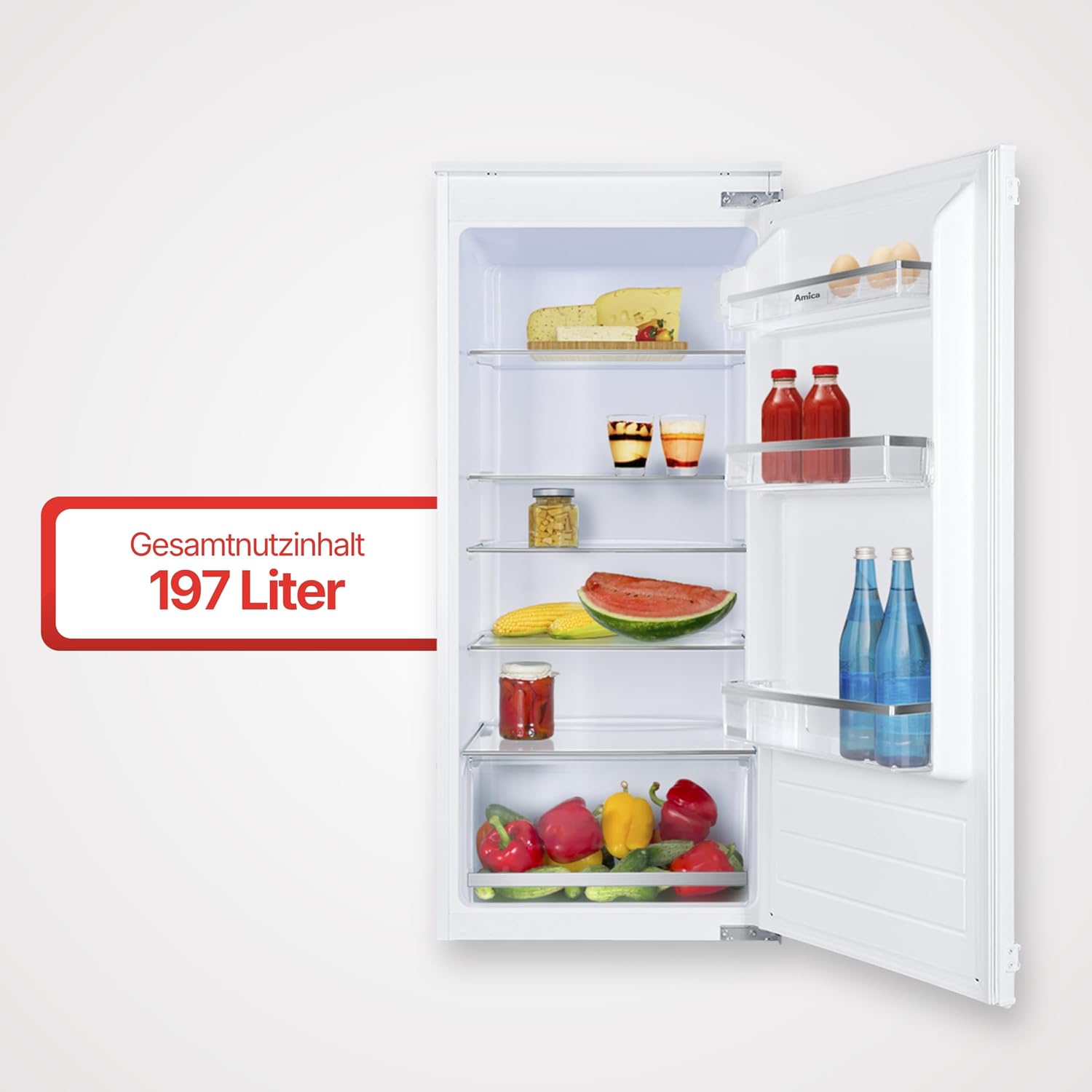 Amica Einbau‑Vollraum‑Kühlschrank Schlepptür‑Technik 1220 mm Nische elektronische Steuerung Inverter‑Motor LED‑Beleuchtung 54 x 122,1 x 54 cm – Einbaukuehlschrank