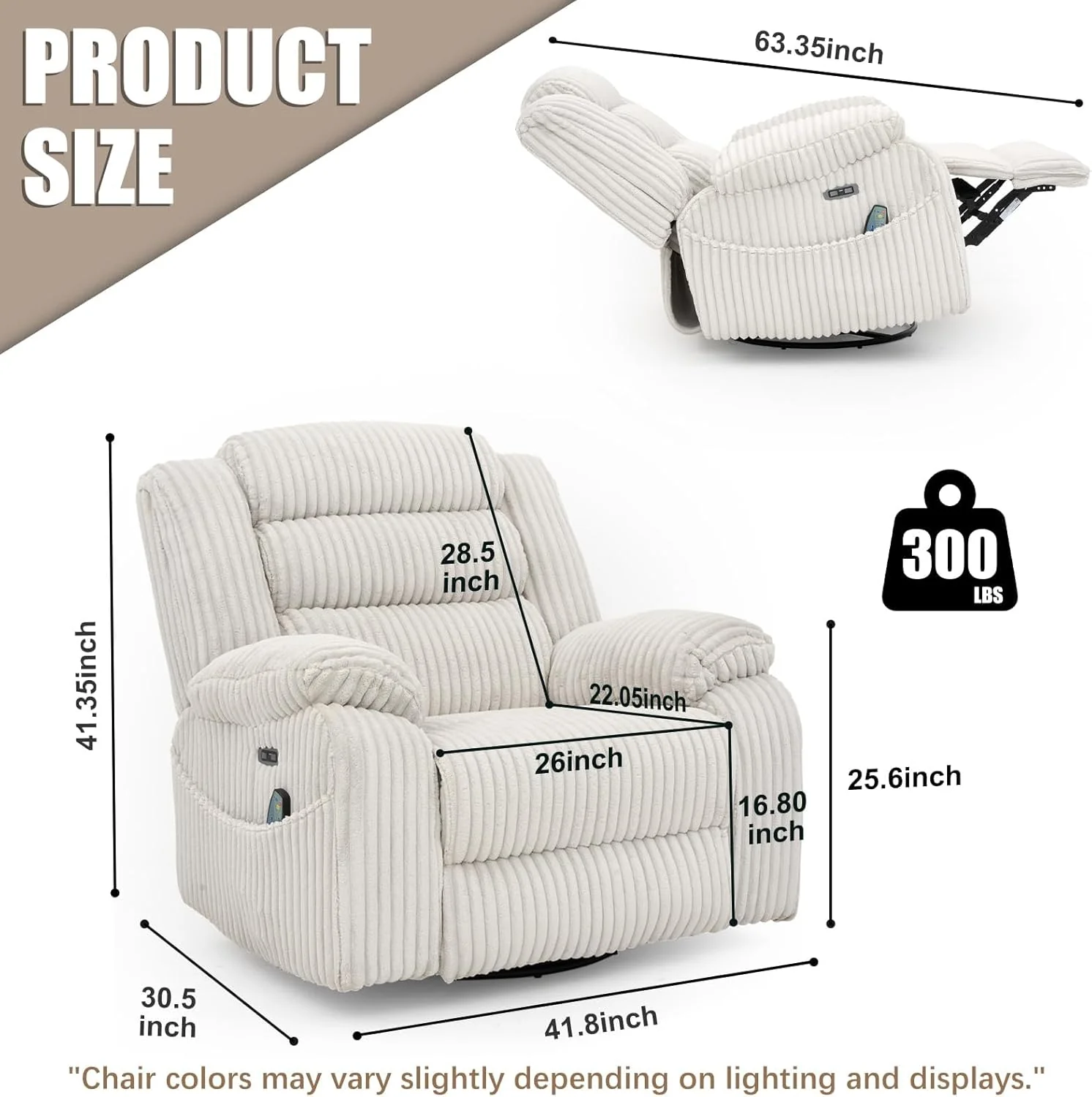Electric rotary rocker lounge chair for adults with massage and calories, USB and C charging ports