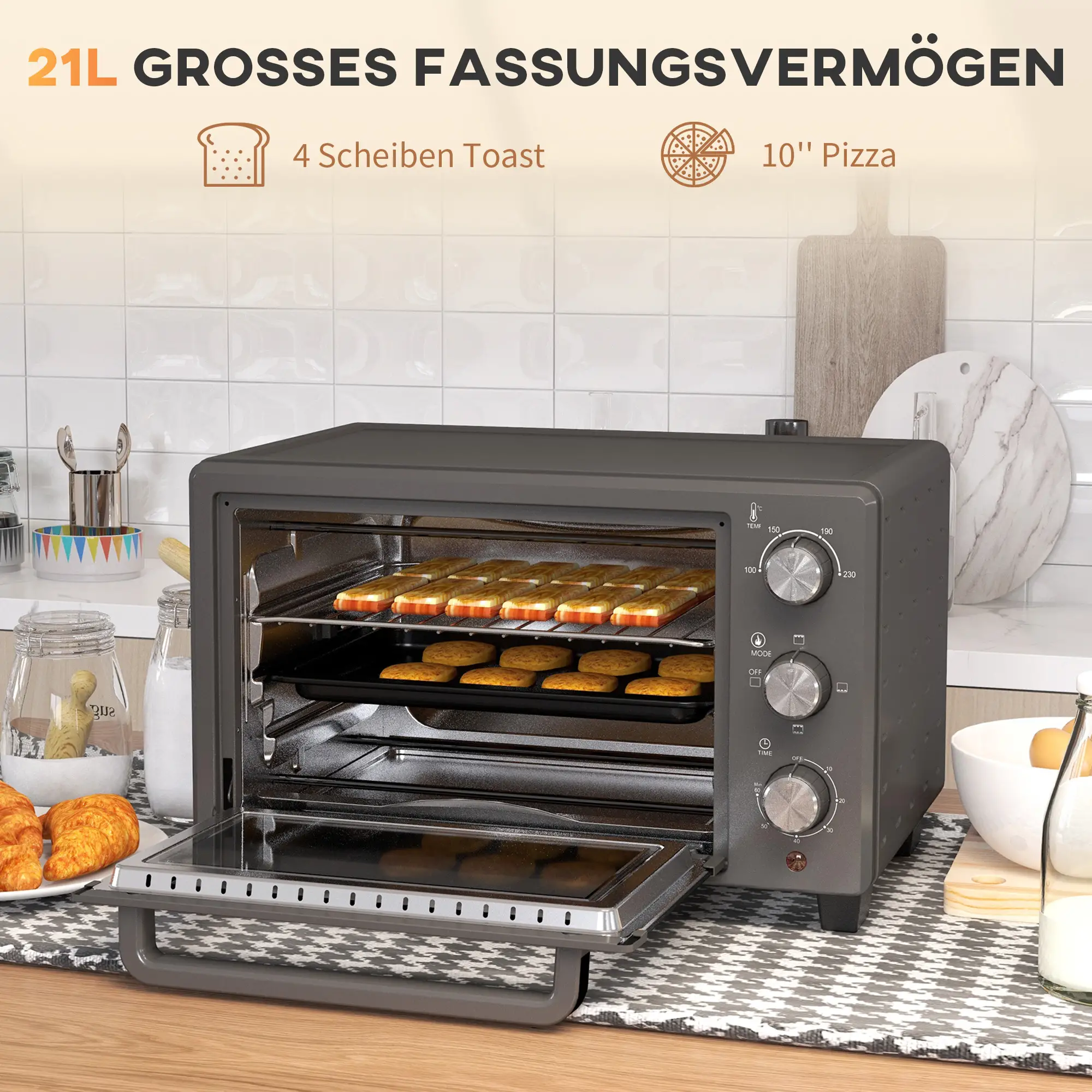 HOMCOM Mini-oven veelzijdig koken precieze temperatuurregeling roestvrij staal