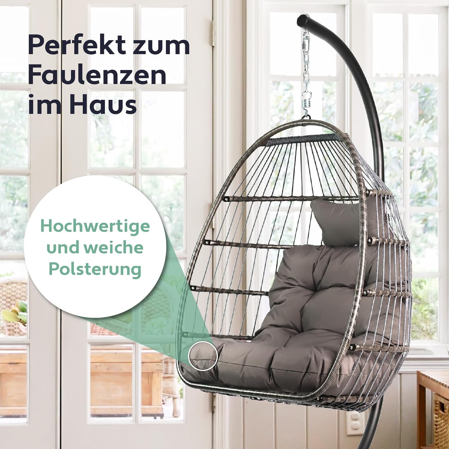VITA5 Hängesessel mit Gestell - Bequemer Hängekorb Sessel - Rattan Hängesessel Outdoor und Indoor - Boho Egg Schaukel für Terrasse&Leseecke - 150 kg Tragkraft - Dunkel Grau
