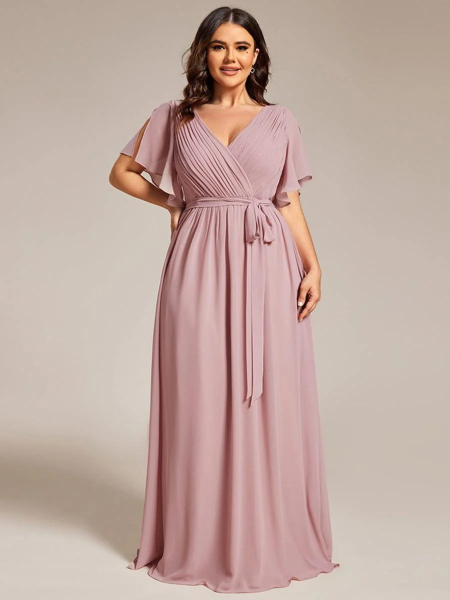 Abendkleid Damen Maxi A-Linie aus Chiffon | Festliches Kleid f��r Hochzeitsg?ste mit V-Ausschnitt und Fl��gel?rmeln