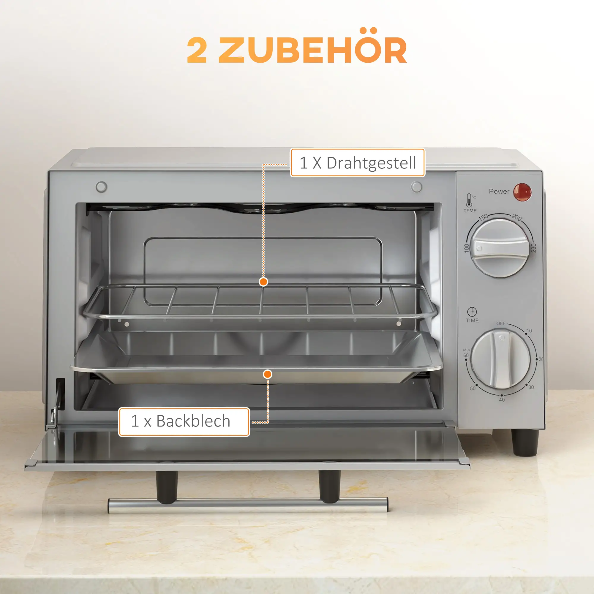 HOMCOM Mini-oven elektrisch met timer en kijkvenster RVS