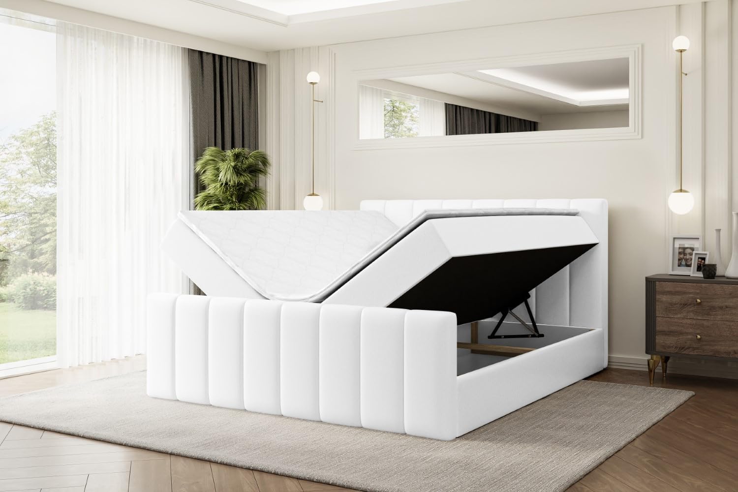 ALTDECOR Boxspringbett mit Matratze und Lattenrost, Boxbett, Topper, Fußteil, Polsterbett mit Bettkasten, Bett mit Stauraum H4-Matratze, Doppelbett, Springboxbett - OTTA-Z - 180x200 - Weiß Kunstleder